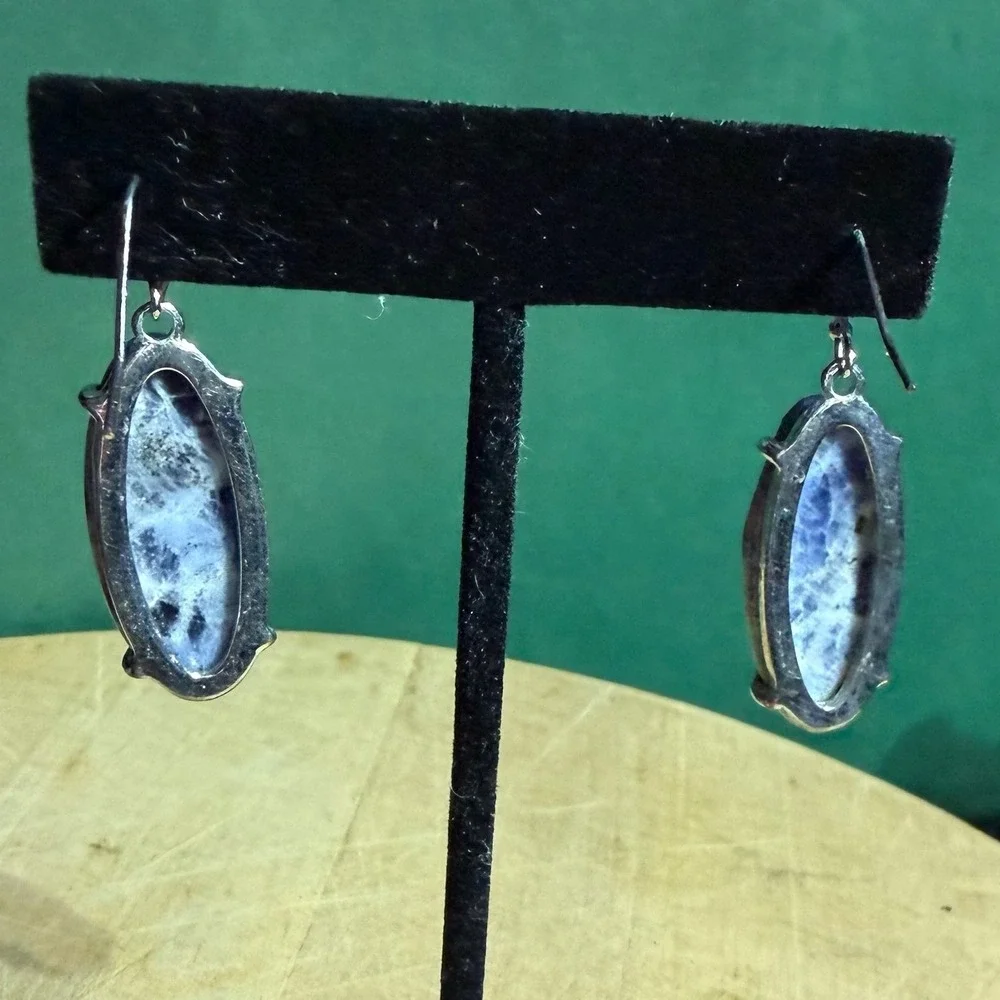VTG Sodalite Stone Oval Cabochon Drop Earrings Blue Silver Tone Cottagecore Gift